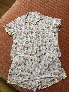 Mahogany Cotton Floral Flamingo Short Summer Pajama Set in Pink & Green XL